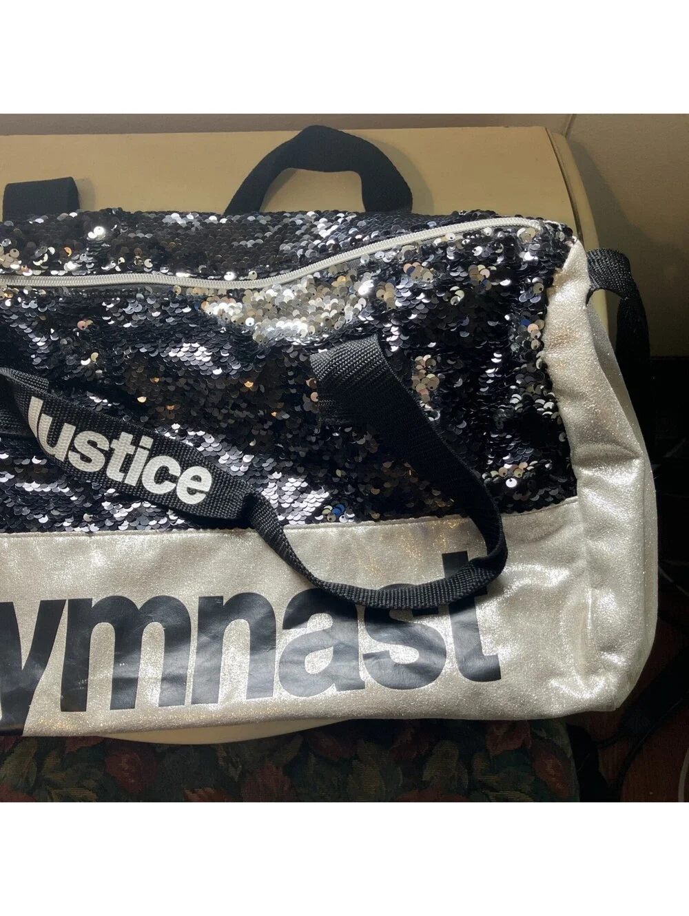 Justice Gymnasts Duffle Bag Silver W/ Black & Silver Sequins Adjustable Strap